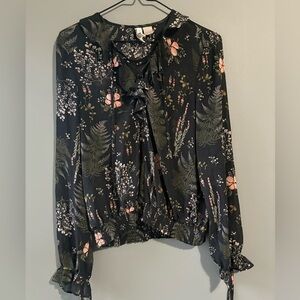 Divided size 8 Floral Black Blouse, sheer long sleeve flowy airy light weight